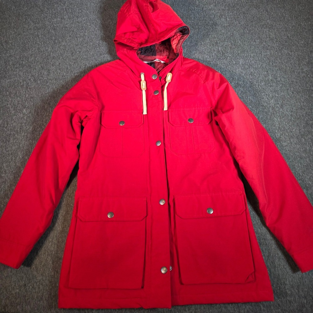 Woolrich Womens Red Hooded Field Jacket Parka Buffalo Plaid Quilted Lining Small